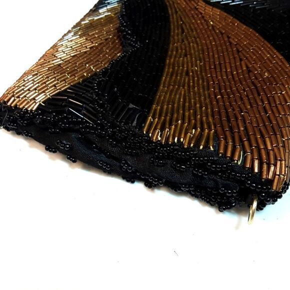 VINTAGE Clutch Art Deco Jet Hand-Beaded Copper Gold Handbag Lined 9"x5" - Picture 5 of 13